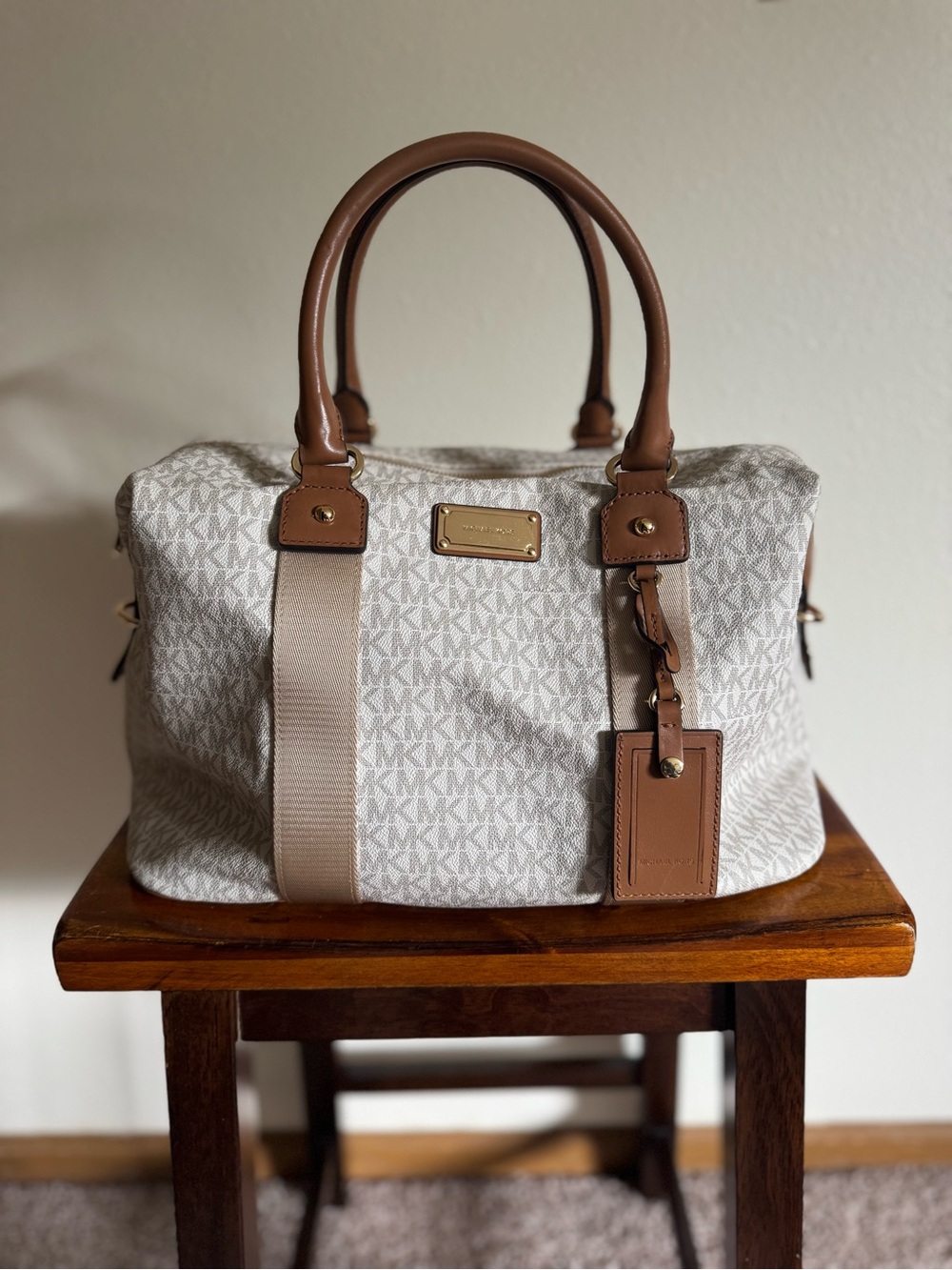 Michael Kors White/Brown Signature Coated Canvas And Leather Duffel Bag